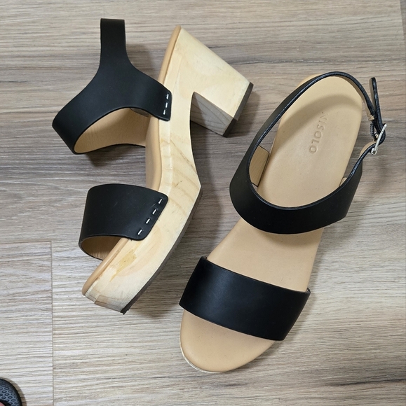 Nisolo Boho Black Leather Sandals with Wood Sole Clog Size 9 - Picture 2 of 13